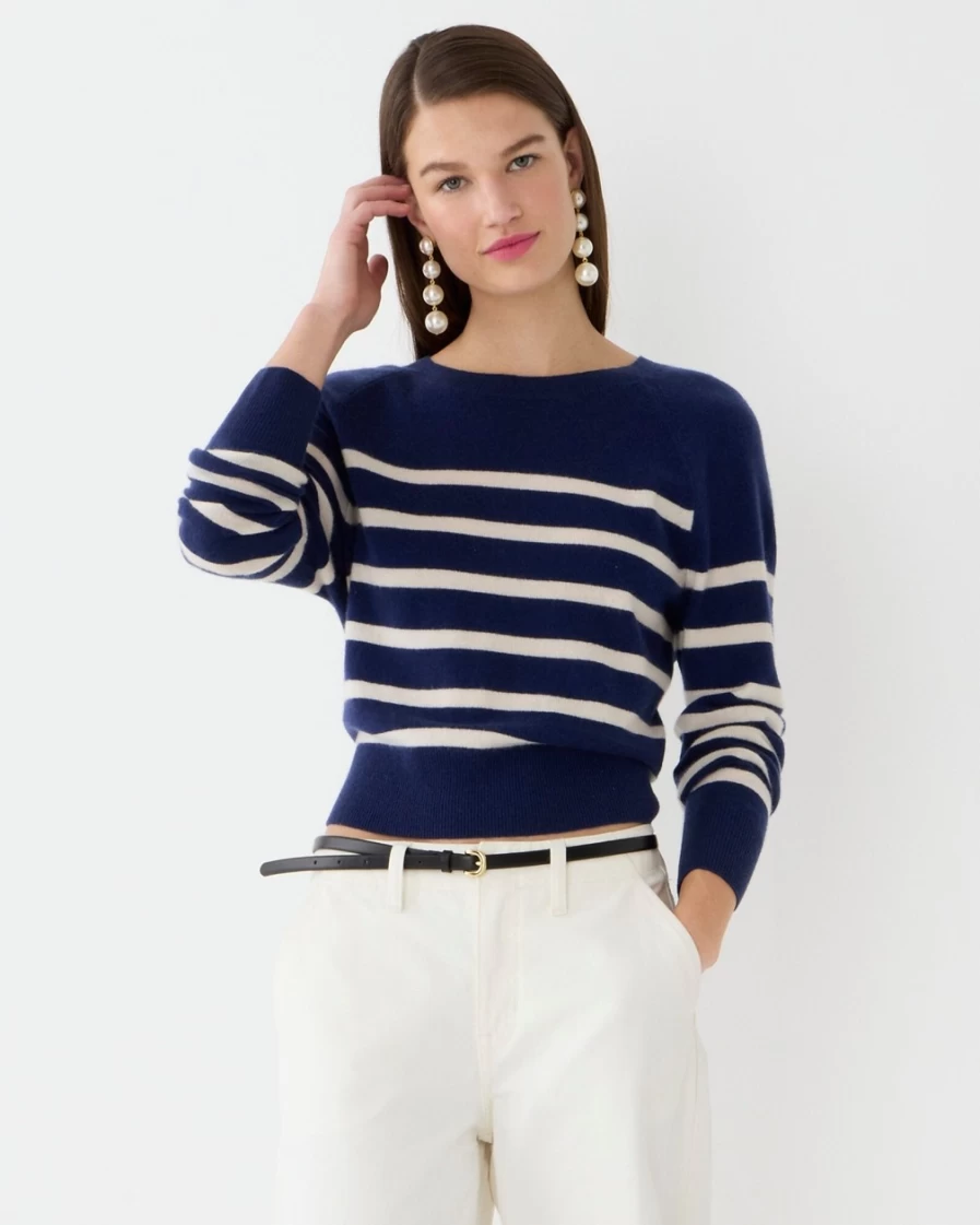 J.Crew Women's Mediterranean Navy Stripe Cashmere Relaxed Sweatshirt