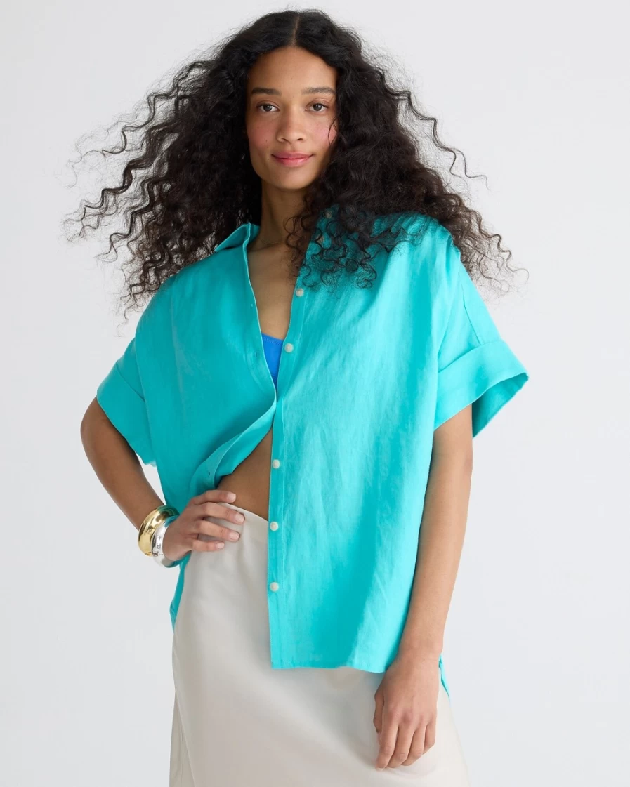 J.Crew Women's Caribbean Blue Relaxed-Fit Short-Sleeve Irish Linen Shirt