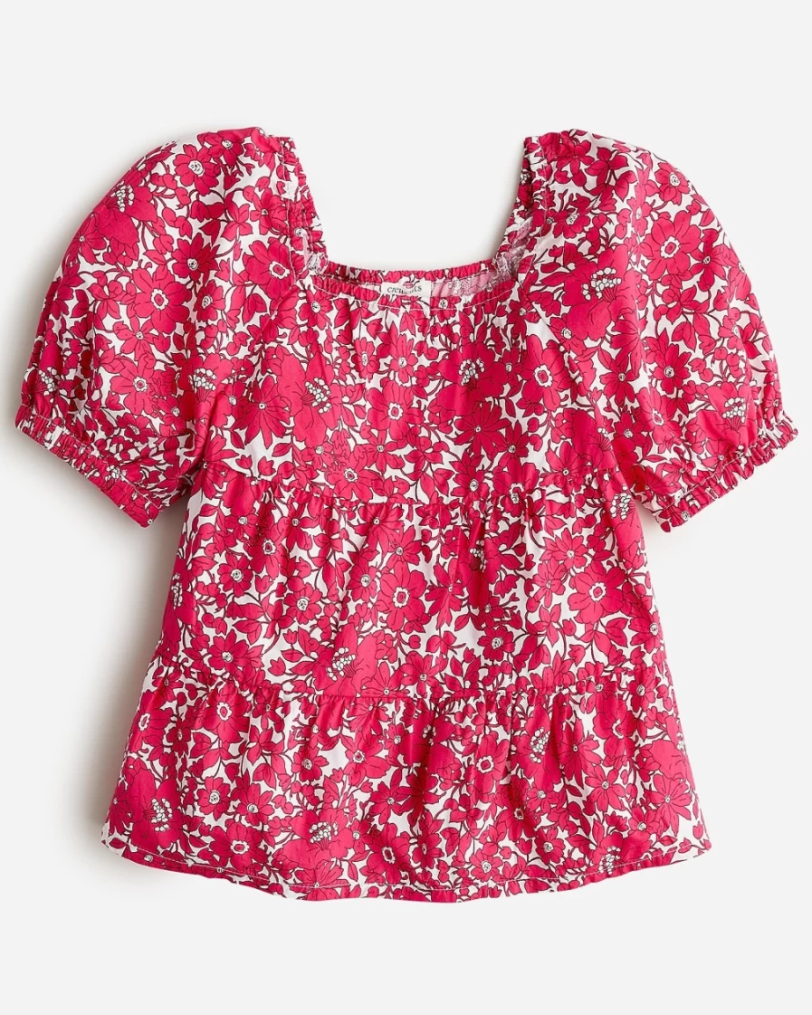 J.Crew Girls' Festival Pink Tiered Puff-Sleeve Printed Top