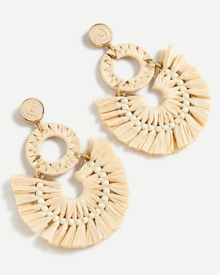 J.Crew Women's Natural Raffia Fan Statement Earrings | Handwoven Boho Chic Accessories