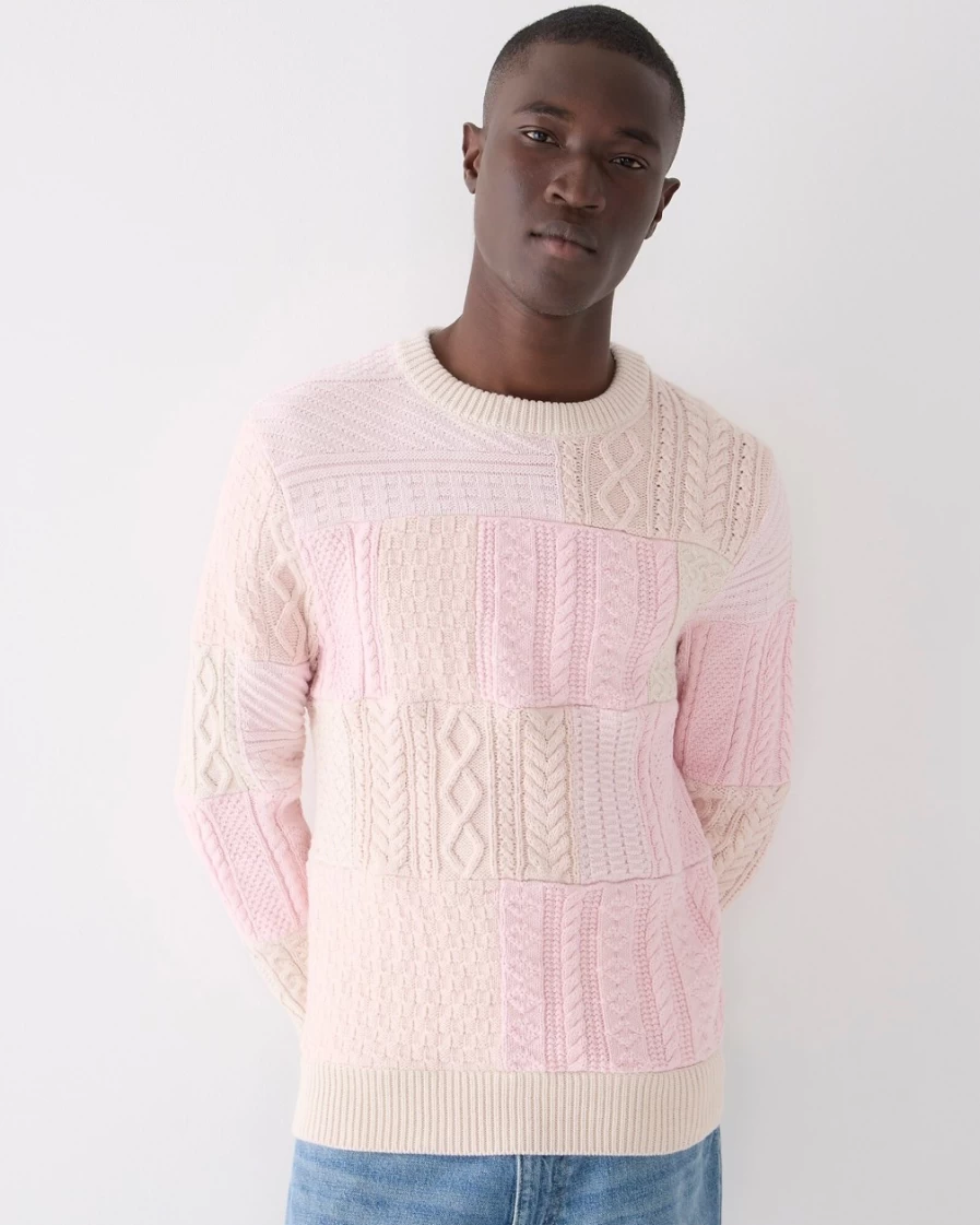 J.Crew Men's Heritage Cotton Cable-Knit Patchwork Sweater in Light Sand Pink