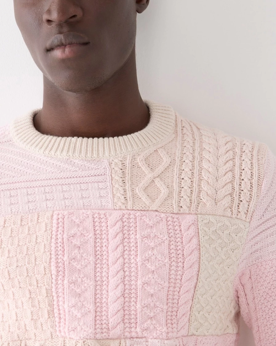 J.Crew Men's Heritage Cotton Cable-Knit Patchwork Sweater in Light Sand Pink