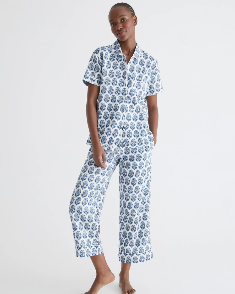 J.Crew Women's Bright Peri Short-Sleeve Cotton-Linen Blend Pajama Set with Bouquet Block Print