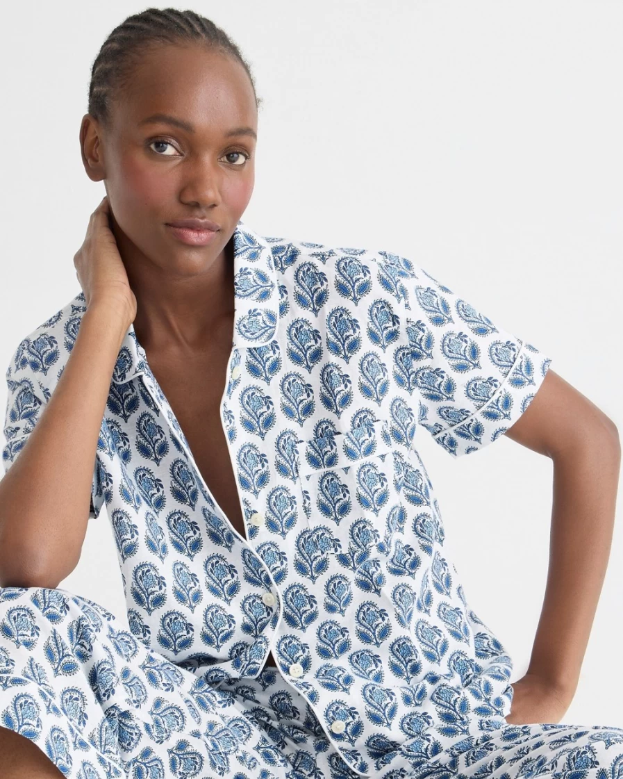 J.Crew Women's Bright Peri Short-Sleeve Cotton-Linen Blend Pajama Set with Bouquet Block Print