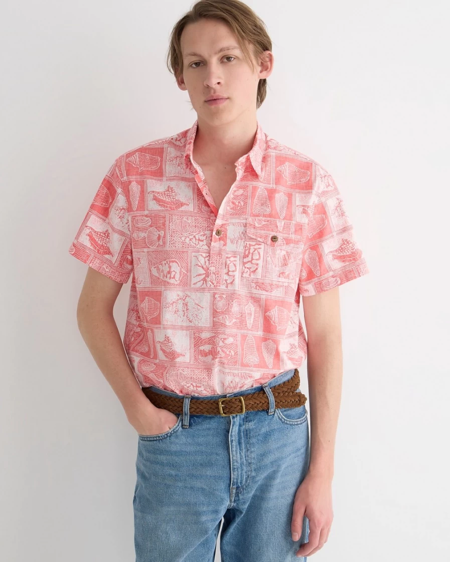 J.Crew Men's Seaside Windowpane Red Short-Sleeve Slub Cotton Popover Shirt - Wallace & Barnes Print