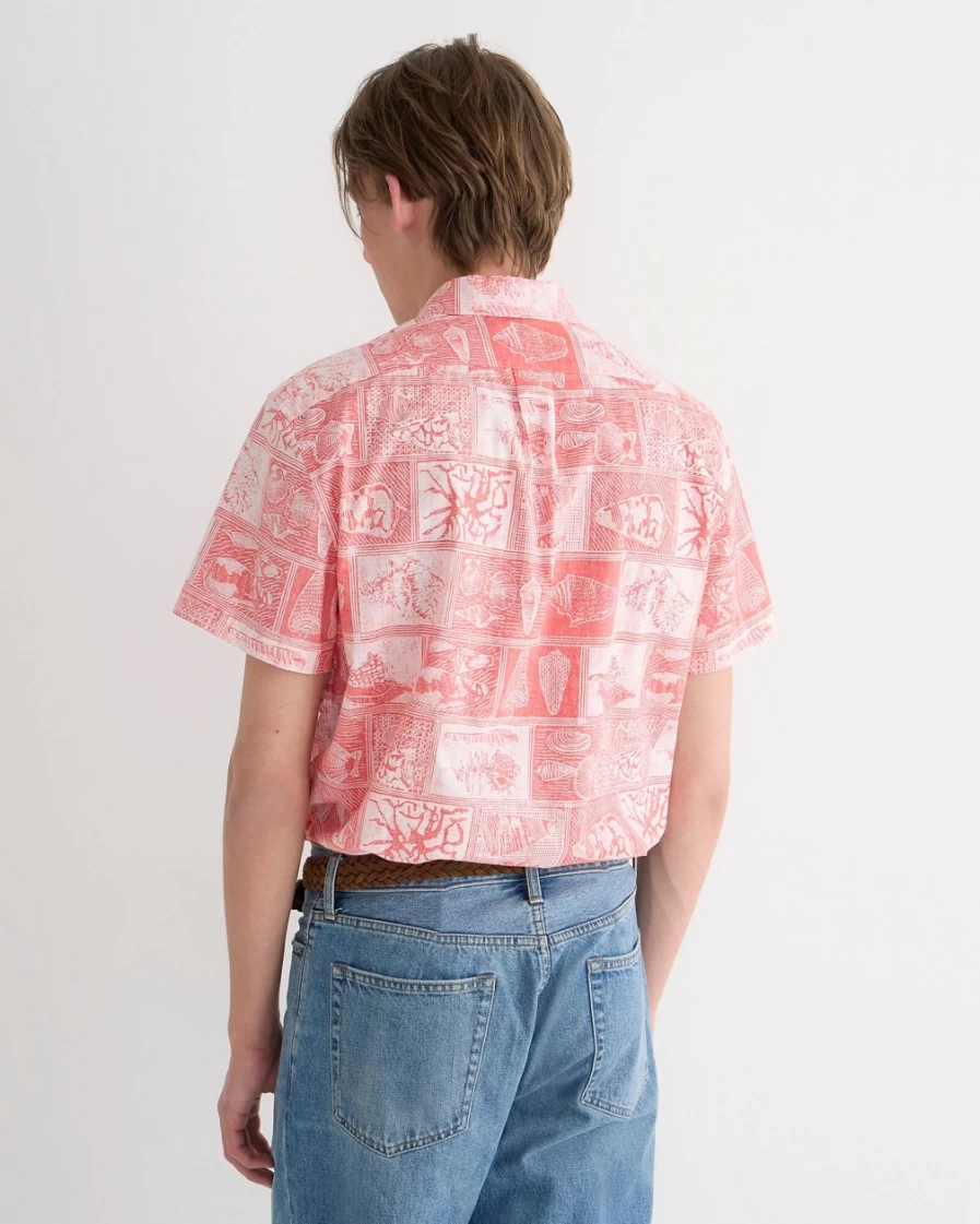 J.Crew Men's Seaside Windowpane Red Short-Sleeve Slub Cotton Popover Shirt - Wallace & Barnes Print