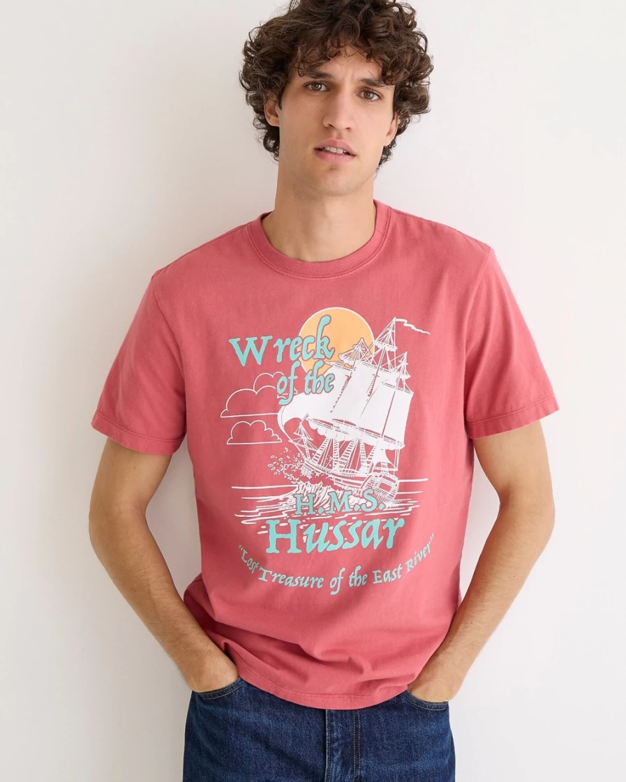 J.Crew Men's Dusty Red Hussar Graphic T-Shirt - Made in USA Wreck of the Hussar Tee