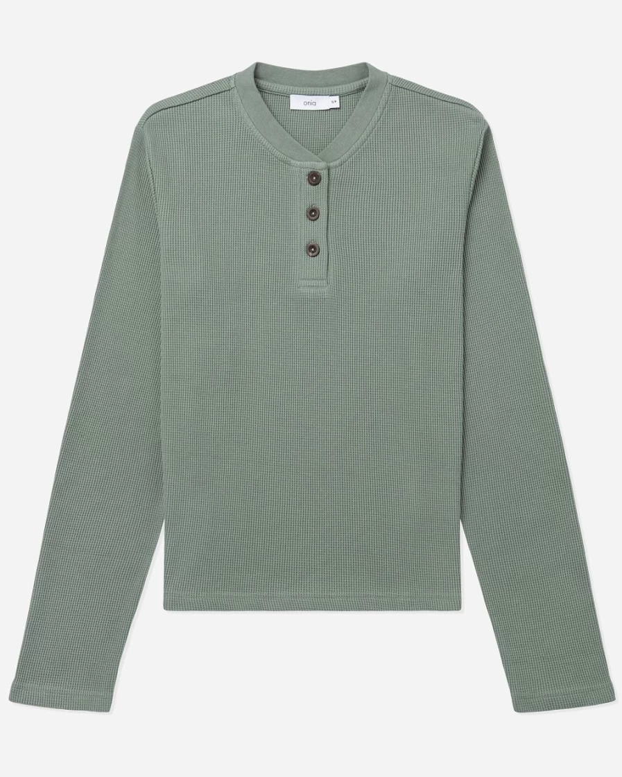 J.Crew Women's Green Onia Waffle Henley Top