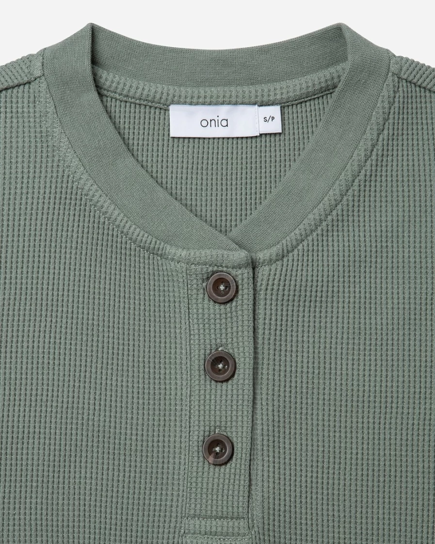 J.Crew Women's Green Onia Waffle Henley Top