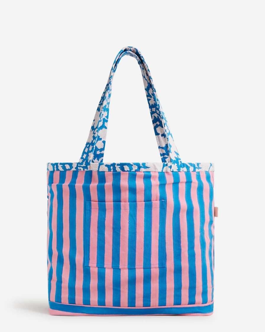 J.Crew Women's Blue Hand-Block-Printed Reversible Beach Tote by Sz Blockprints™