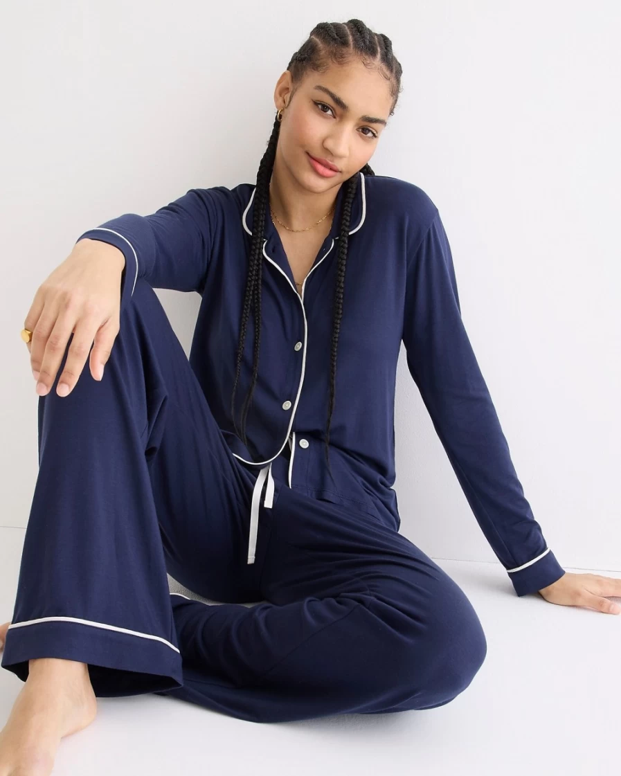 J.Crew Women's Navy Eco Dreamiest Long-Sleeve Pajama Set - Sustainable Sleepwear