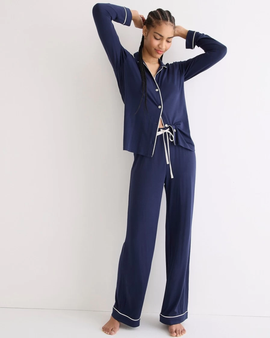 J.Crew Women's Navy Eco Dreamiest Long-Sleeve Pajama Set - Sustainable Sleepwear