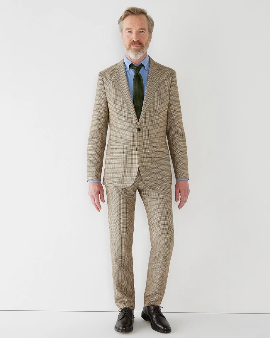 J.Crew Men's Ludlow Slim-Fit Suit Jacket in English Wool-Linen Blend - Khaki Tan Black Check