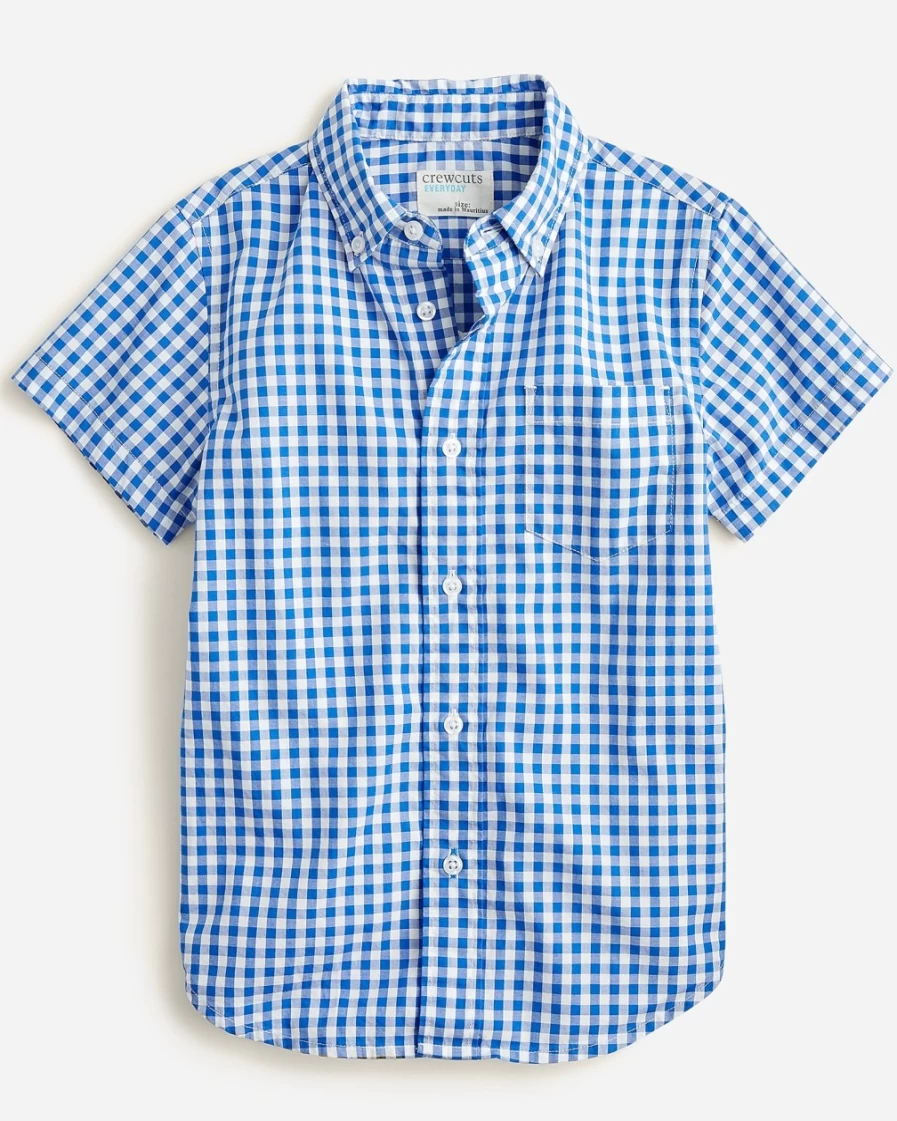 J.Crew Boys' Rain Blue White Gingham Short-Sleeve Stretch Poplin Button-Down Shirt
