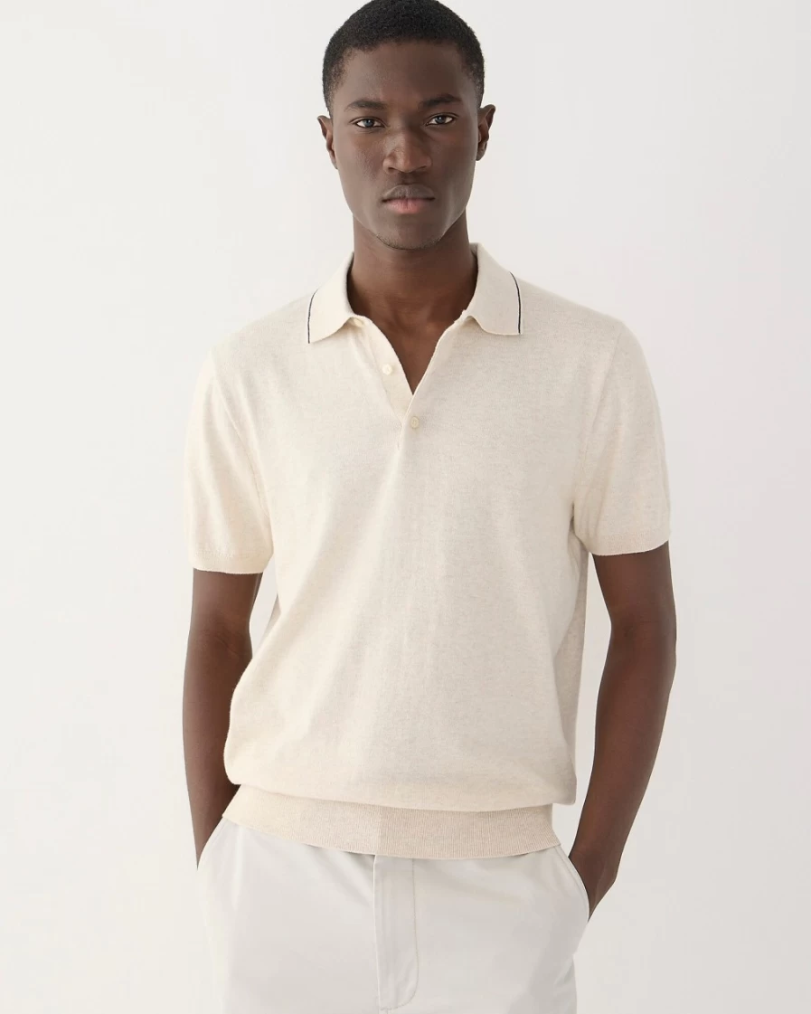 J.Crew Men's Heritage Cotton Short-Sleeve Tipped Sweater-Polo in Hthr Natural Navy Strip