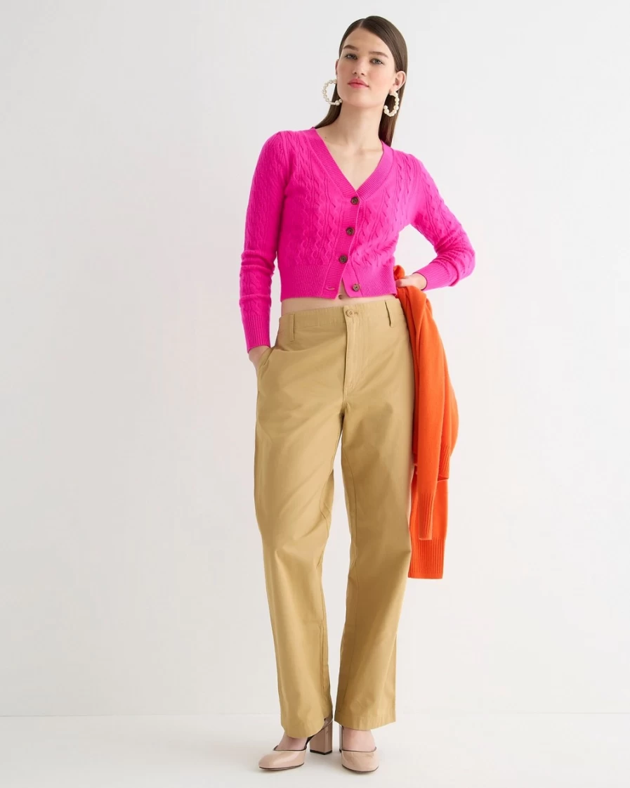 J.Crew Women's Neon Fuchsia Cashmere Cropped V-Neck Cable-Knit Cardigan Sweater