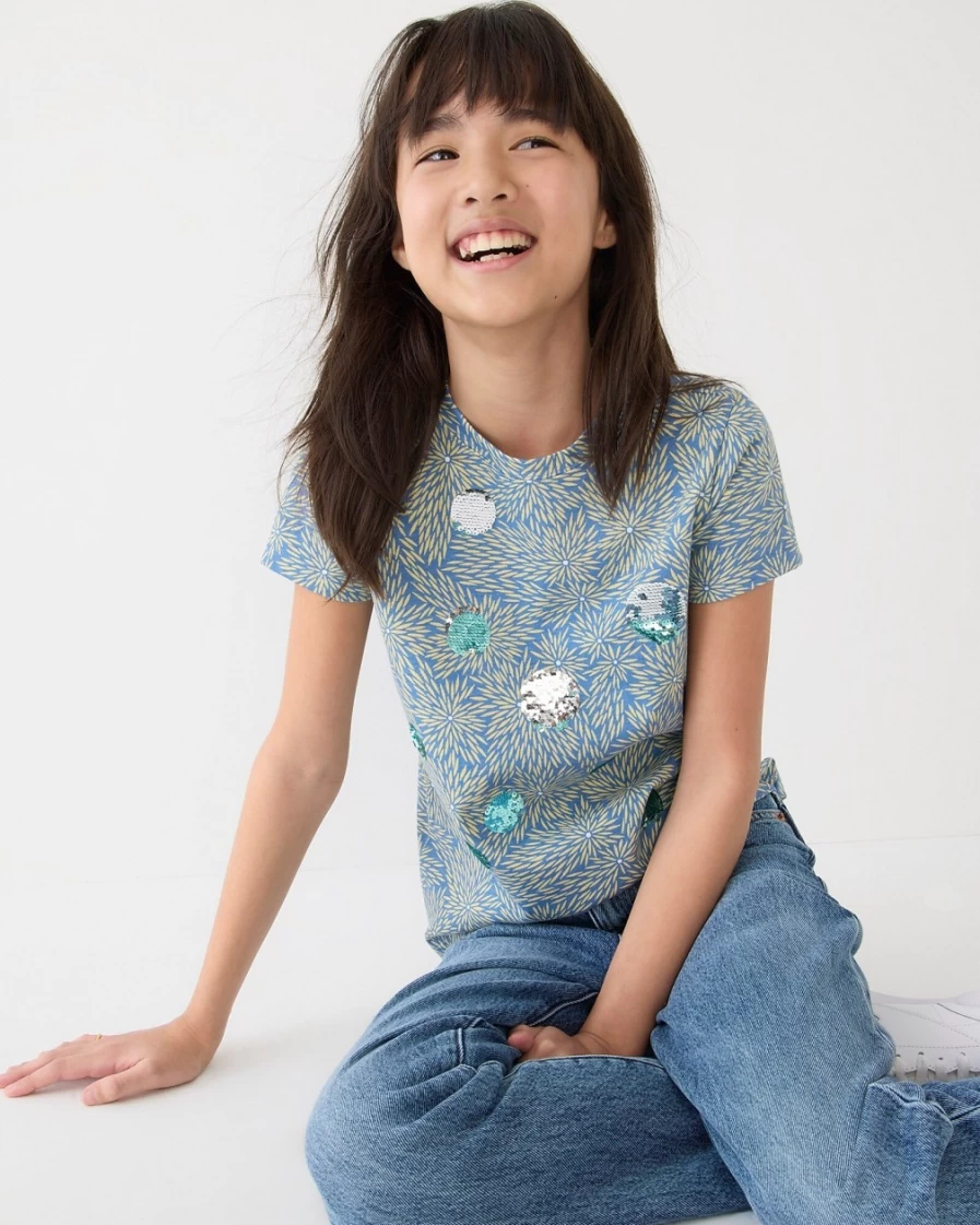 J.Crew Kids Girls' Amalfi Blue Glitter-Dot Graphic Tee - Limited Edition Julia Chiang Collaboration