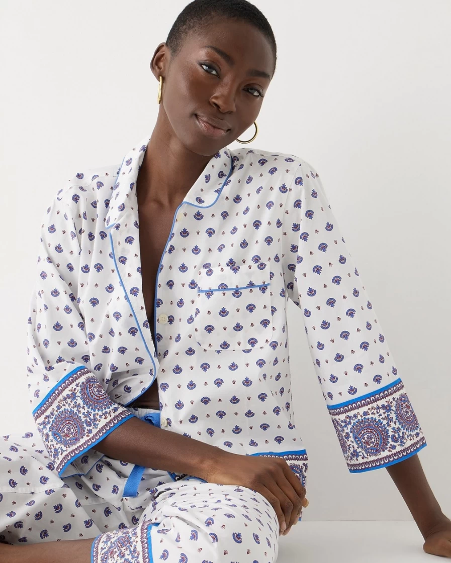 J.Crew Women's Ivory Floral Bouquet Long-Sleeve Cropped Cotton Poplin Pajama Set