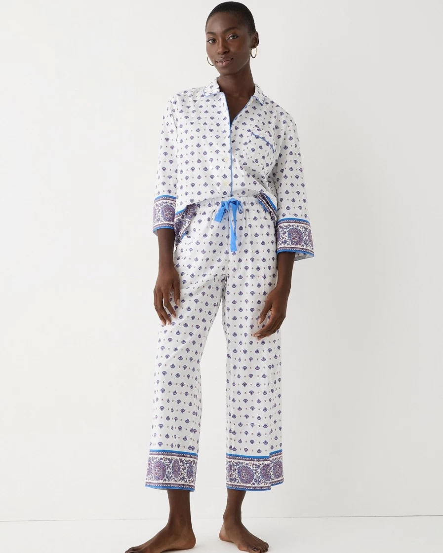 J.Crew Women's Ivory Floral Bouquet Long-Sleeve Cropped Cotton Poplin Pajama Set