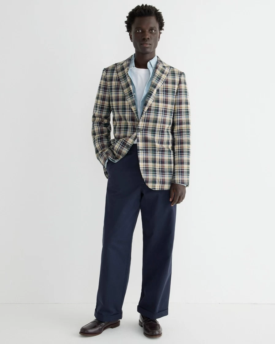 J.Crew Men's Kenmare Navy Tan Plaid Blazer in Scottish Linen-Wool Blend