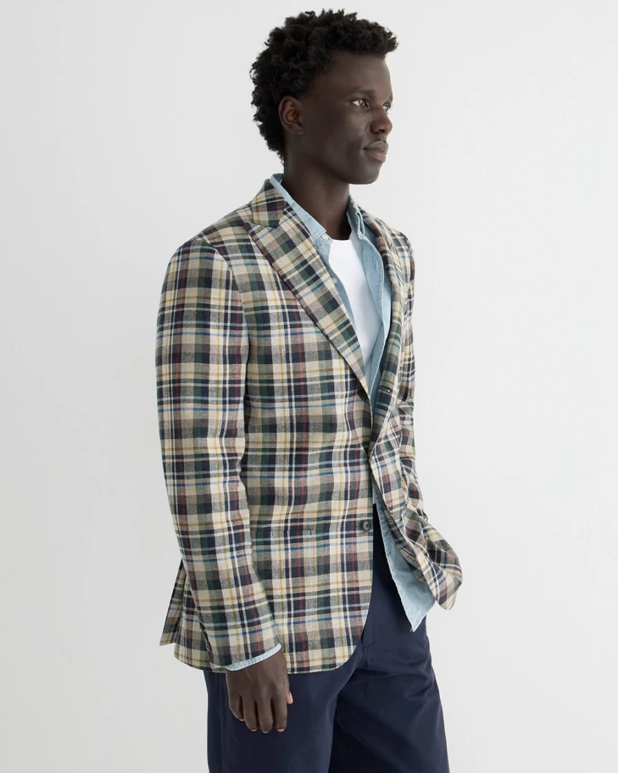 J.Crew Men's Kenmare Navy Tan Plaid Blazer in Scottish Linen-Wool Blend