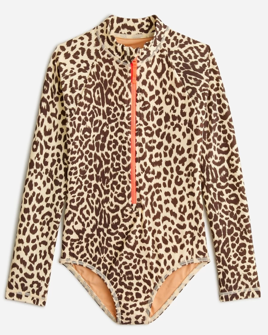 J.Crew Girls' Lana Leopard Dusty Taupe Printed UPF 50+ Rash Guard One-Piece Swimsuit