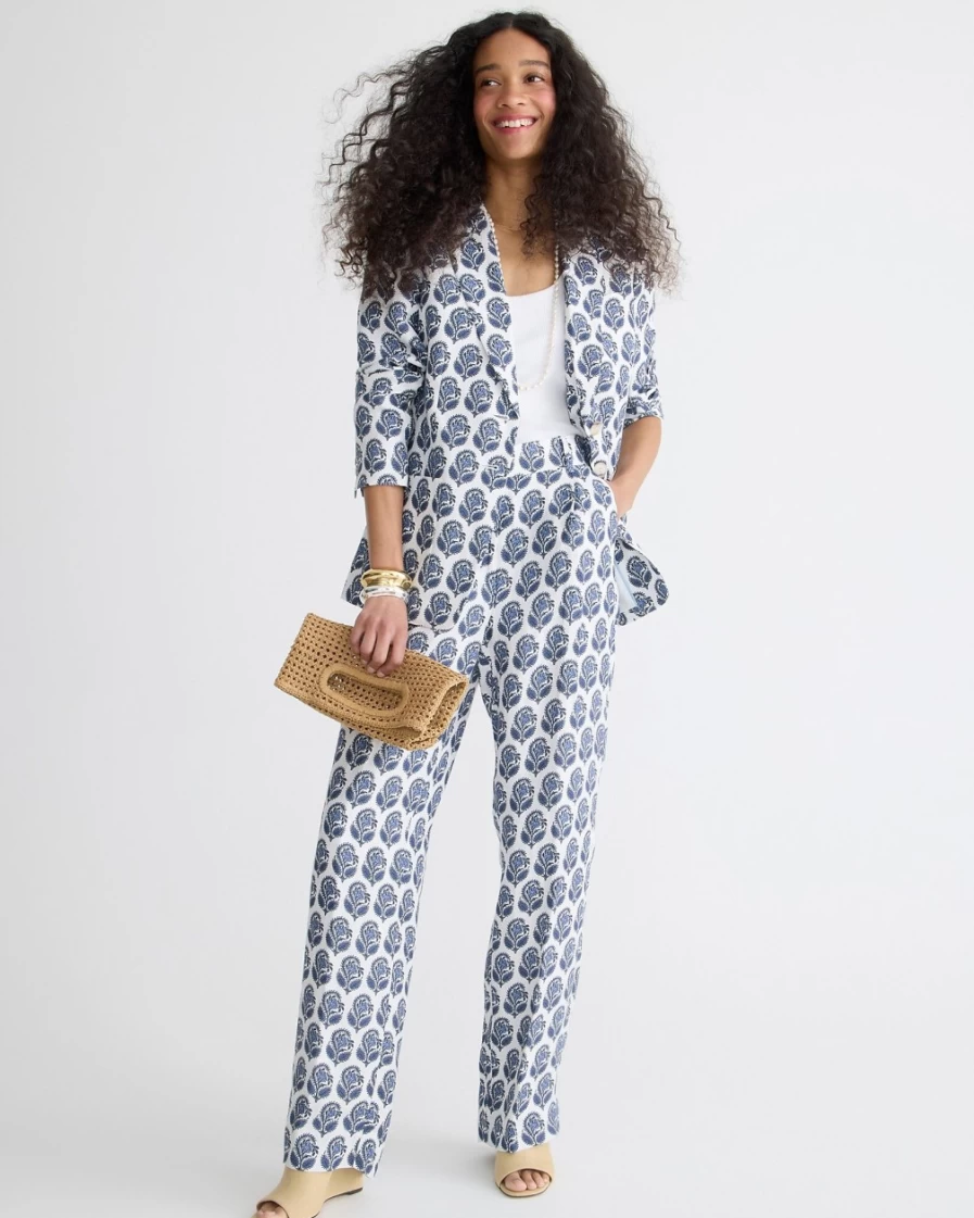 J.Crew Women's Bright Peri Straight-Leg Essential Pants in Bouquet Block Print - Linen-Cupro Blend