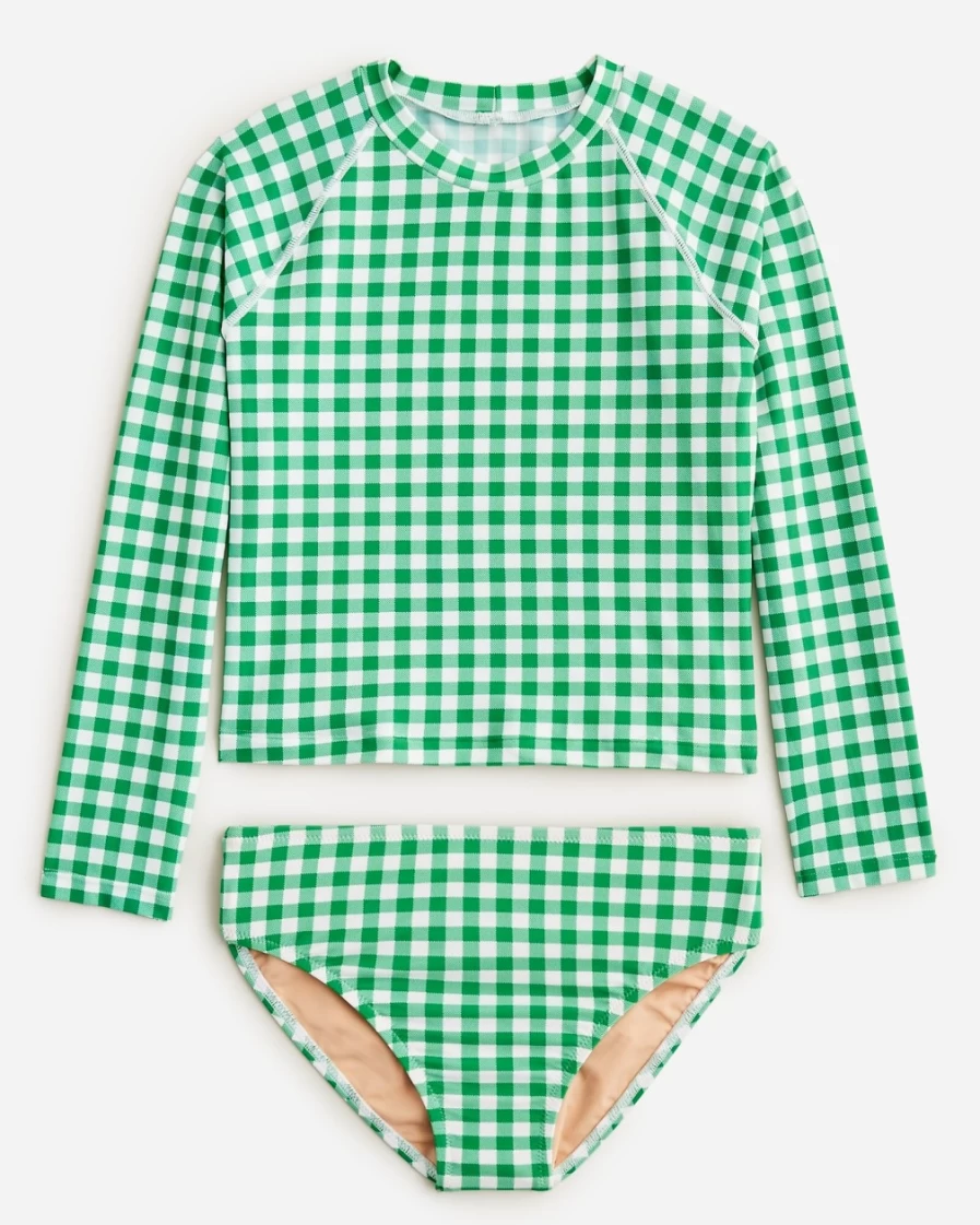 J.Crew Girls' Brilliant Kelly Printed UPF 50+ Rash Guard Two-Piece Swim Set