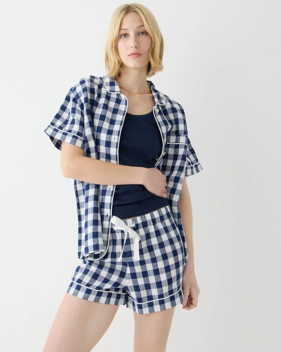 J.Crew Women's Dark Evening Cotton-Linen Blend Gingham Pajama Short Set