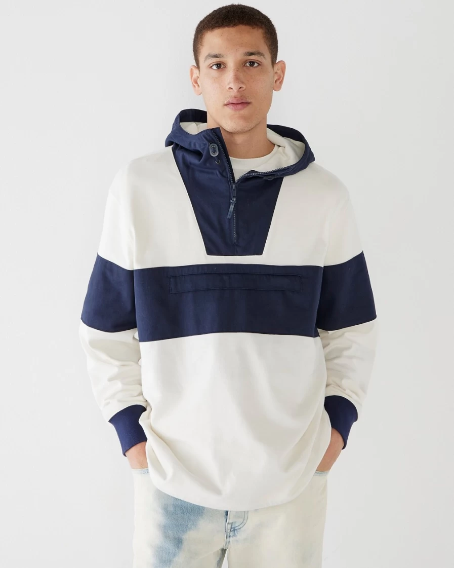 J.Crew Men's Ivory Navy Colorblock Hooded Rugby Anorak Sweatshirt