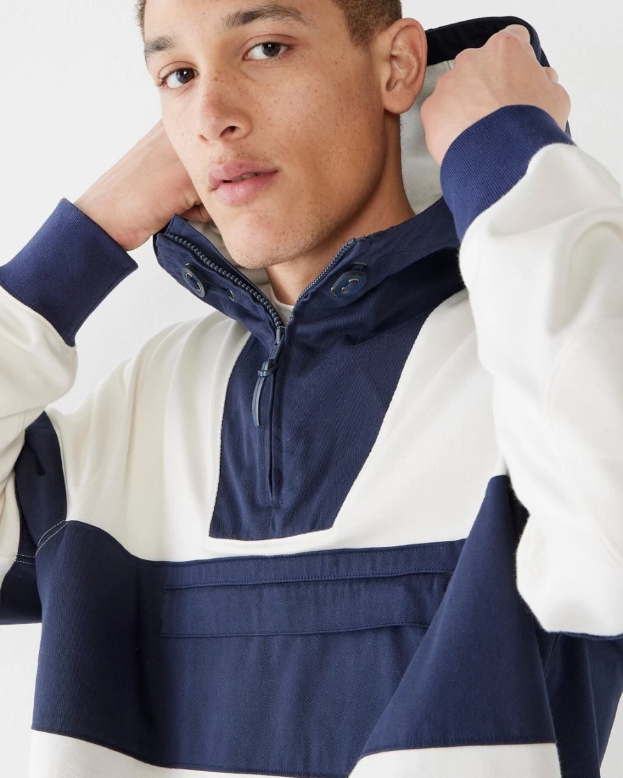 J.Crew Men's Ivory Navy Colorblock Hooded Rugby Anorak Sweatshirt