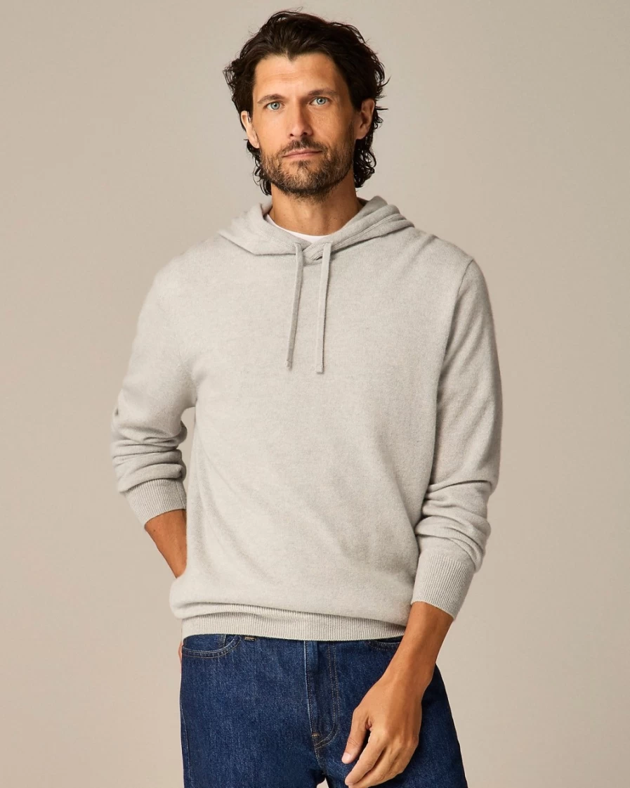 J.Crew Men's Heather Grey Cashmere Hoodie - Soft Luxury Pullover Sweatshirt