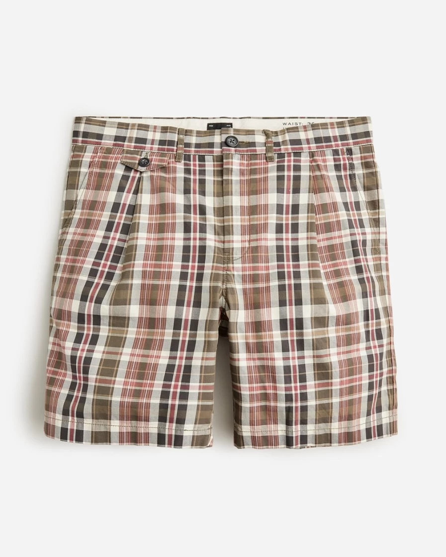 J.Crew Men's 7.5" Pleated Chino Shorts in Julian Plaid Khaki Olive