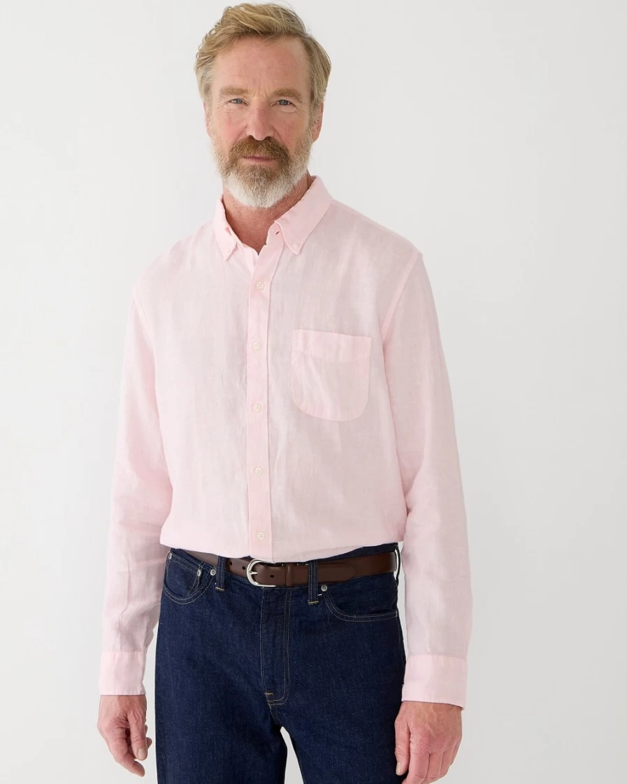 J.Crew Men's Pink Blush Garment-Dyed Irish Linen Shirt by Baird Mcnutt