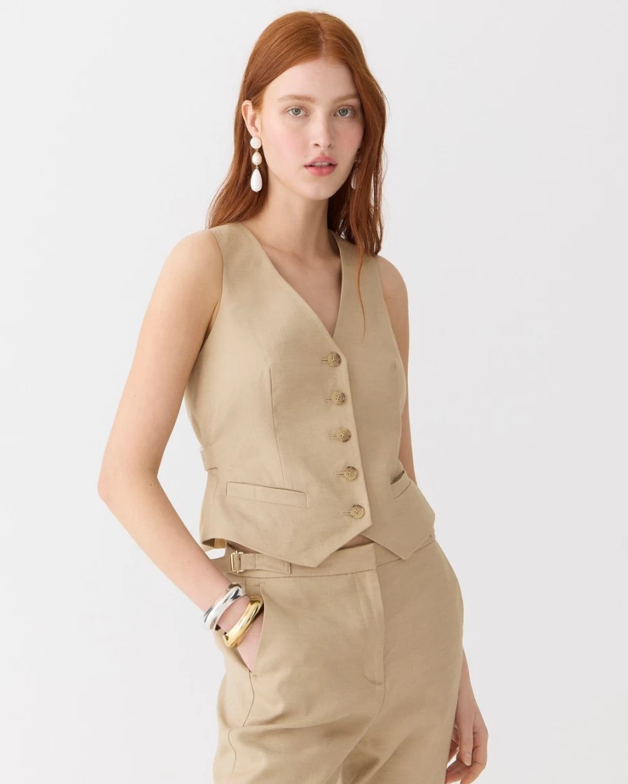 J.Crew Women's Slim-Fit Linen Blend Vest in Harvest Flax - Stretch Comfort