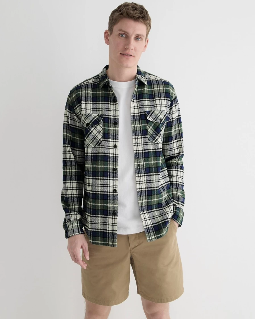 J.Crew Men's Neal Plaid Navy Green Cotton Twill Work Shirt by Wallace & Barnes