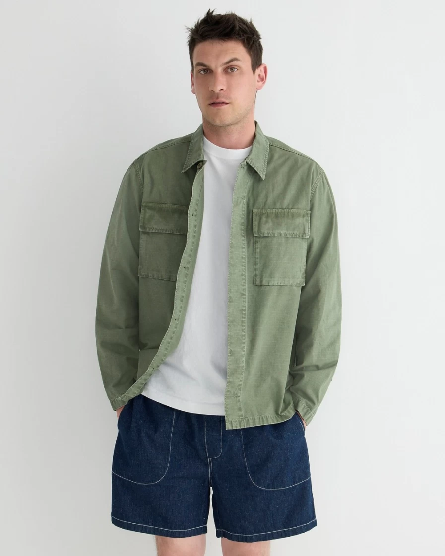 J.Crew Men's Fatigue Green Lightweight Ripstop Cotton Overshirt - Wallace & Barnes Garment-Dyed Style