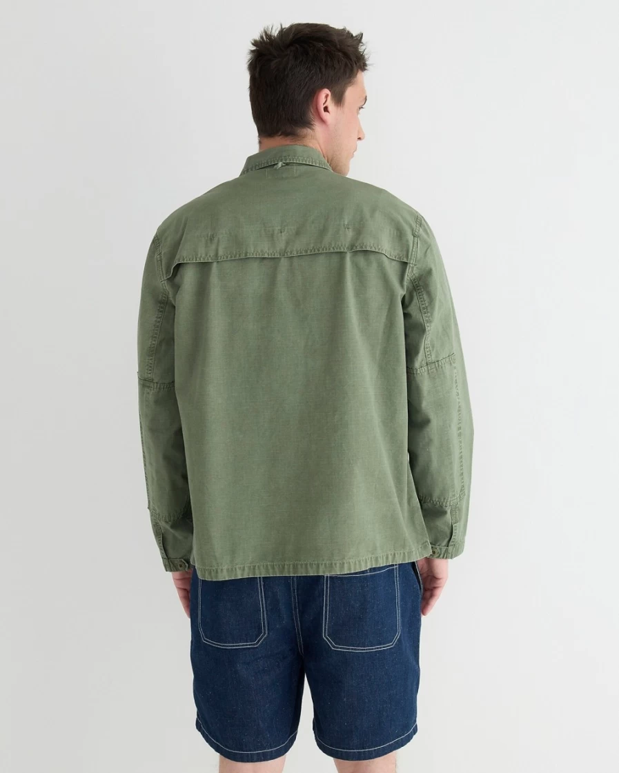J.Crew Men's Fatigue Green Lightweight Ripstop Cotton Overshirt - Wallace & Barnes Garment-Dyed Style