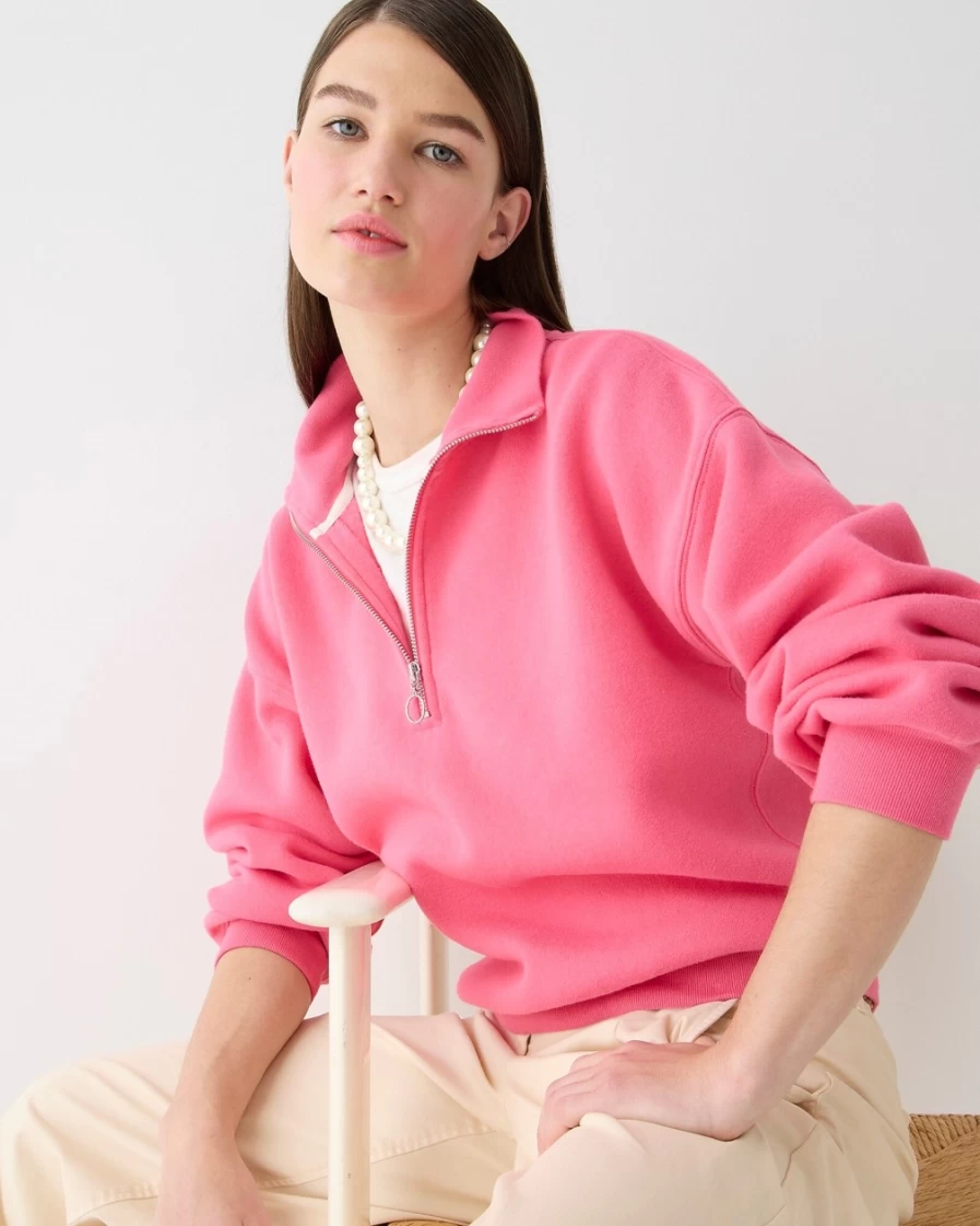 J.Crew Women's Vivid Begonia Heritage Fleece Half-Zip Sweatshirt