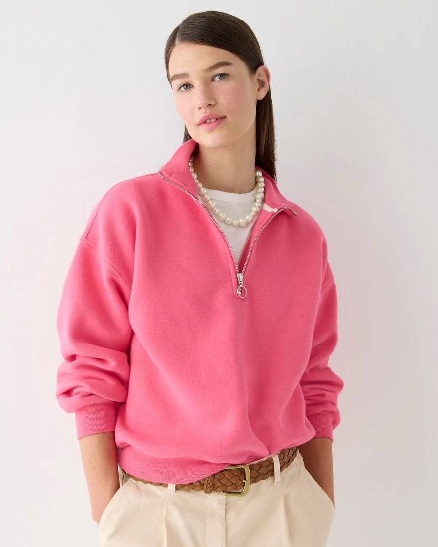 J.Crew Women's Vivid Begonia Heritage Fleece Half-Zip Sweatshirt
