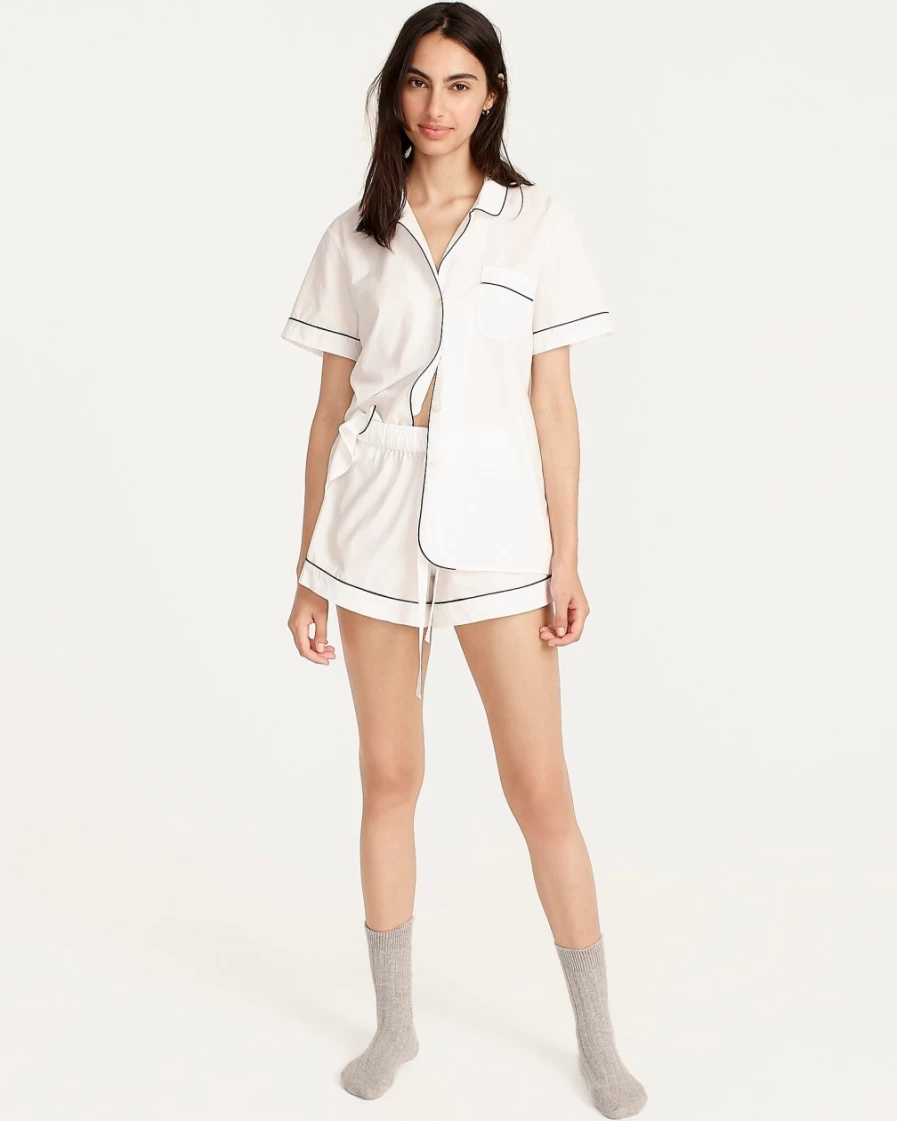 J.Crew Women's White End-On-End Cotton Pajama Short Set - Comfortable Sleepwear