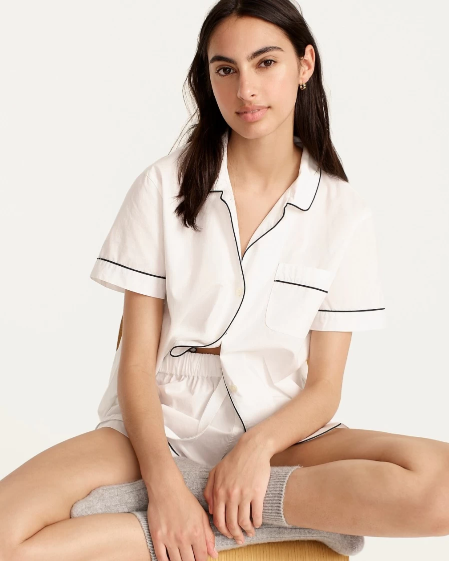 J.Crew Women's White End-On-End Cotton Pajama Short Set - Comfortable Sleepwear