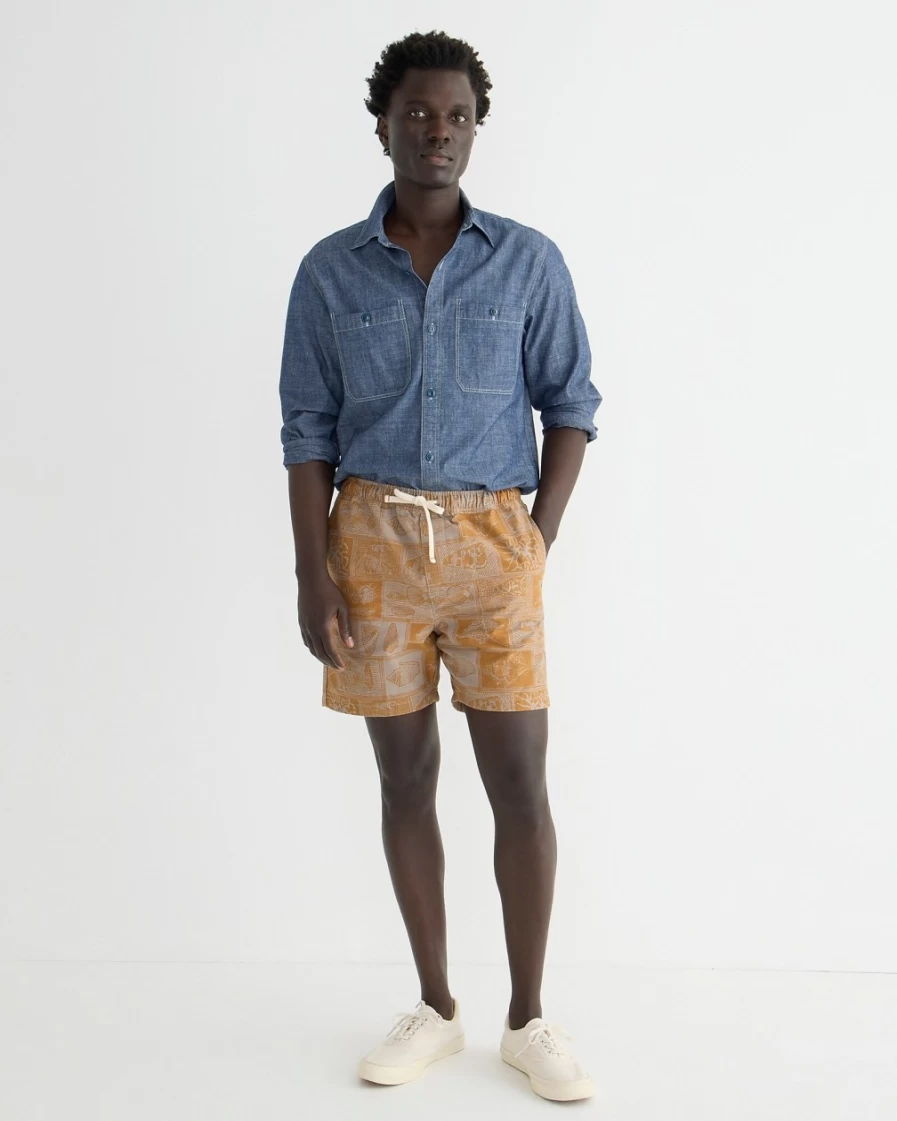 J.Crew Men's Wallace & Barnes 6" Drawstring Shorts in Seaside Windowpane Orange Block Print